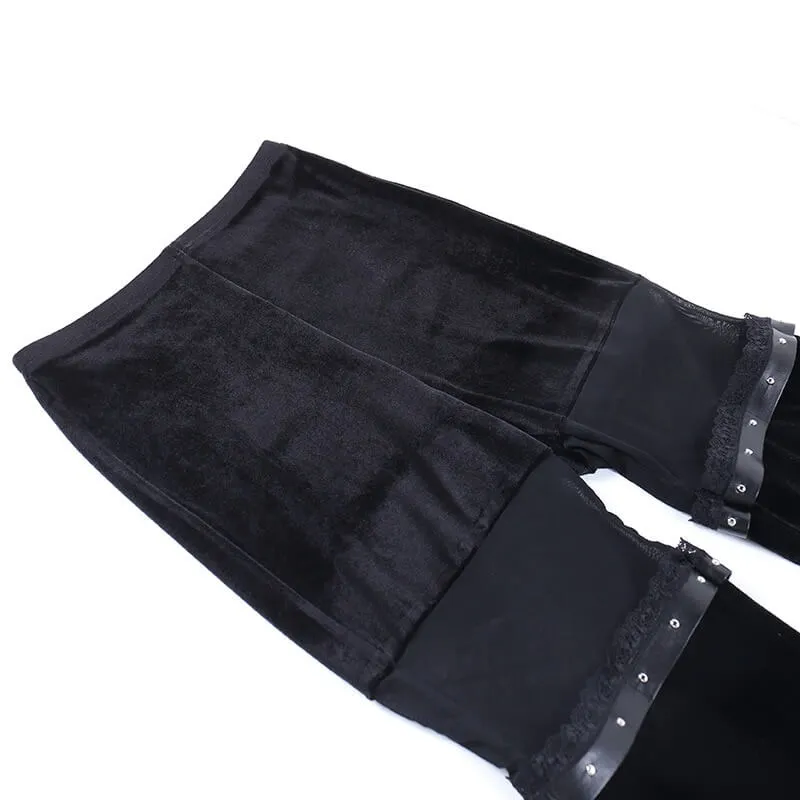 Vintage Black Velvet Flare Pants with Mesh Inserts / Cool Women's Trousers in Gothic Style