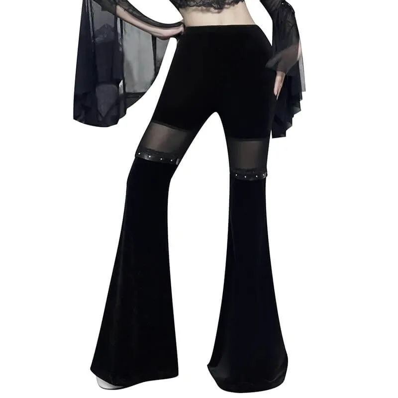 Vintage Black Velvet Flare Pants with Mesh Inserts / Cool Women's Trousers in Gothic Style