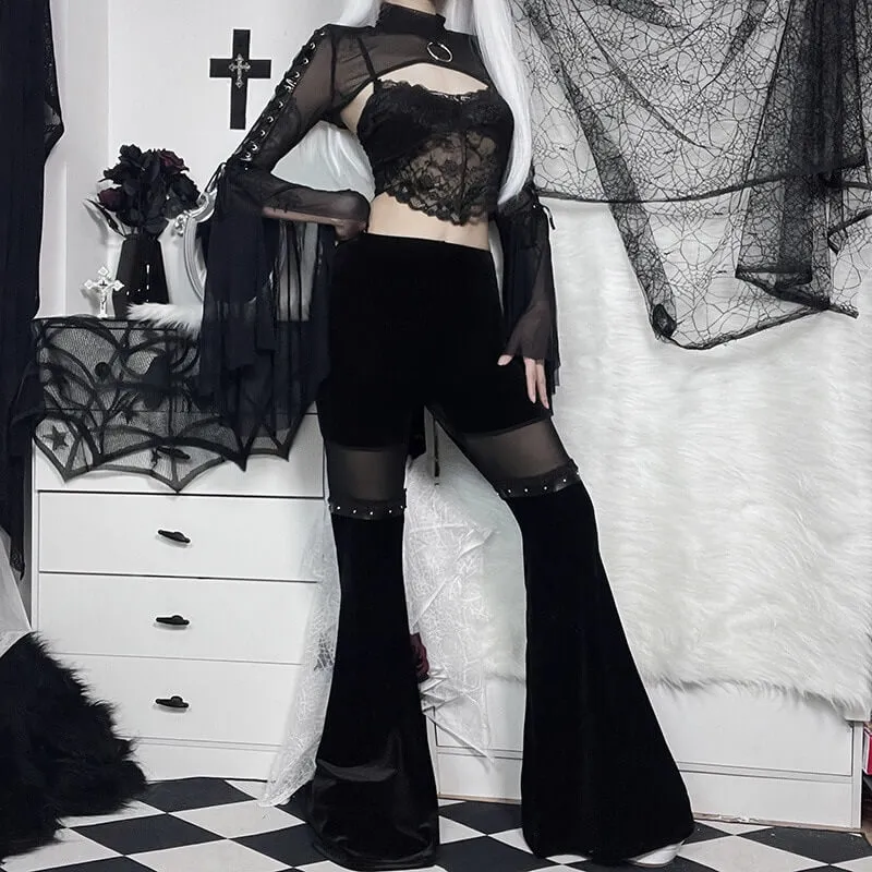 Vintage Black Velvet Flare Pants with Mesh Inserts / Cool Women's Trousers in Gothic Style