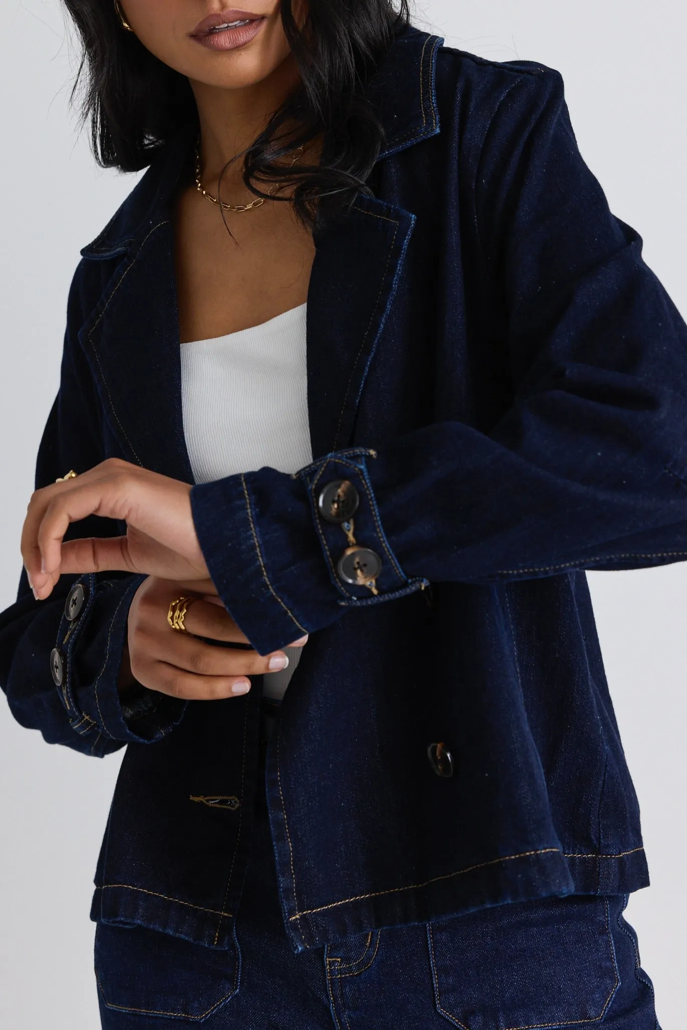 Western Indigo Cropped Denim Trench Coat