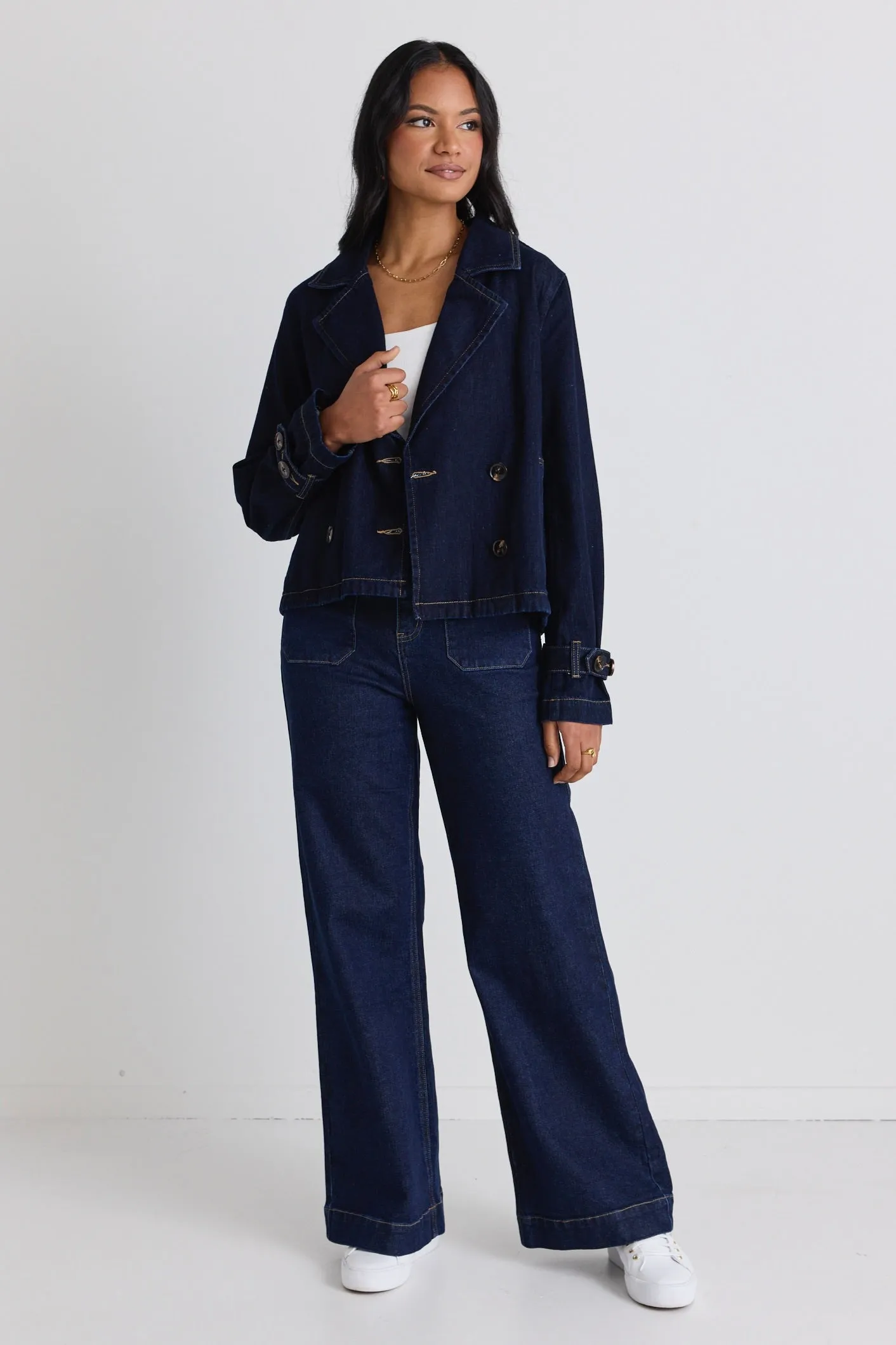 Western Indigo Cropped Denim Trench Coat