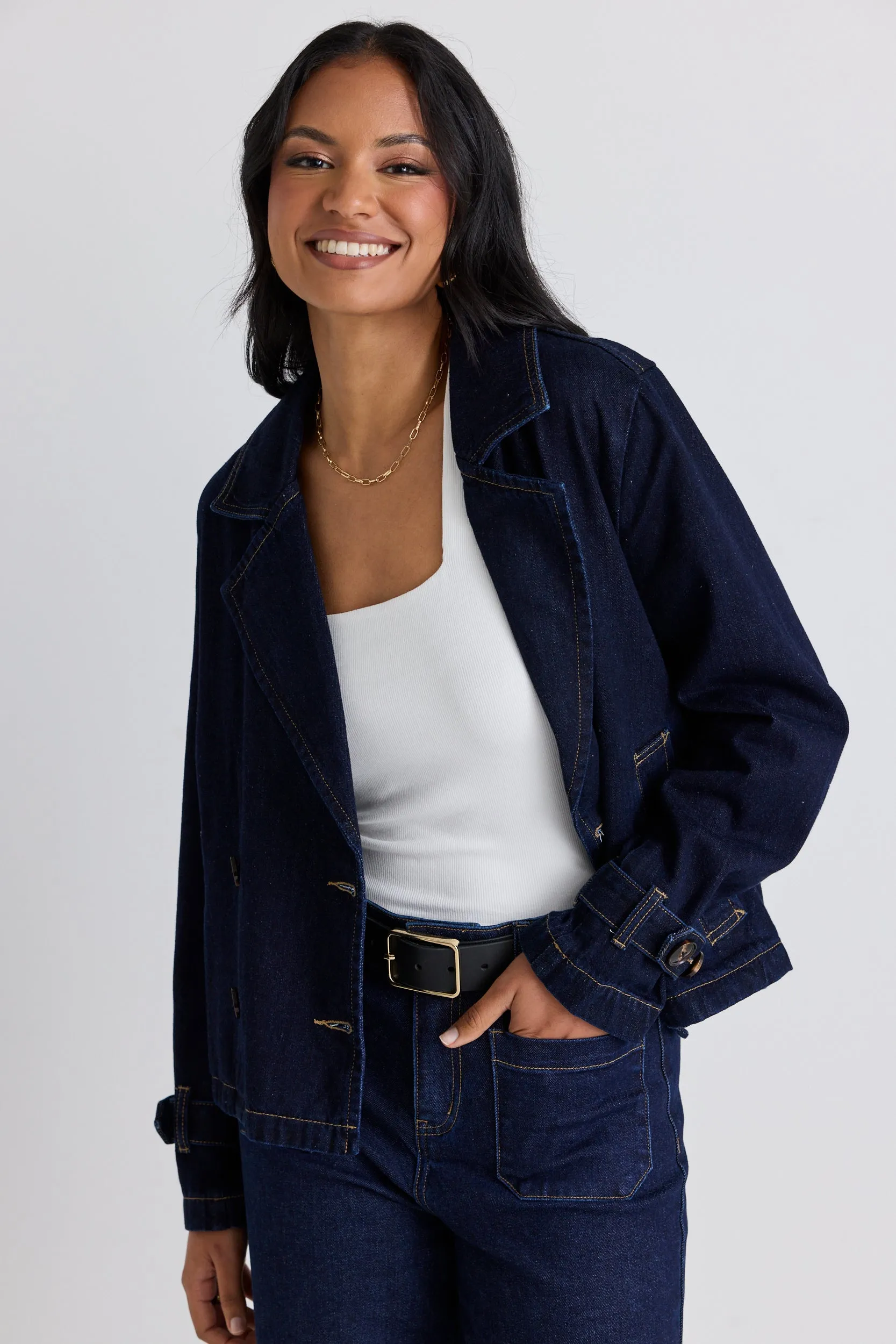 Western Indigo Cropped Denim Trench Coat