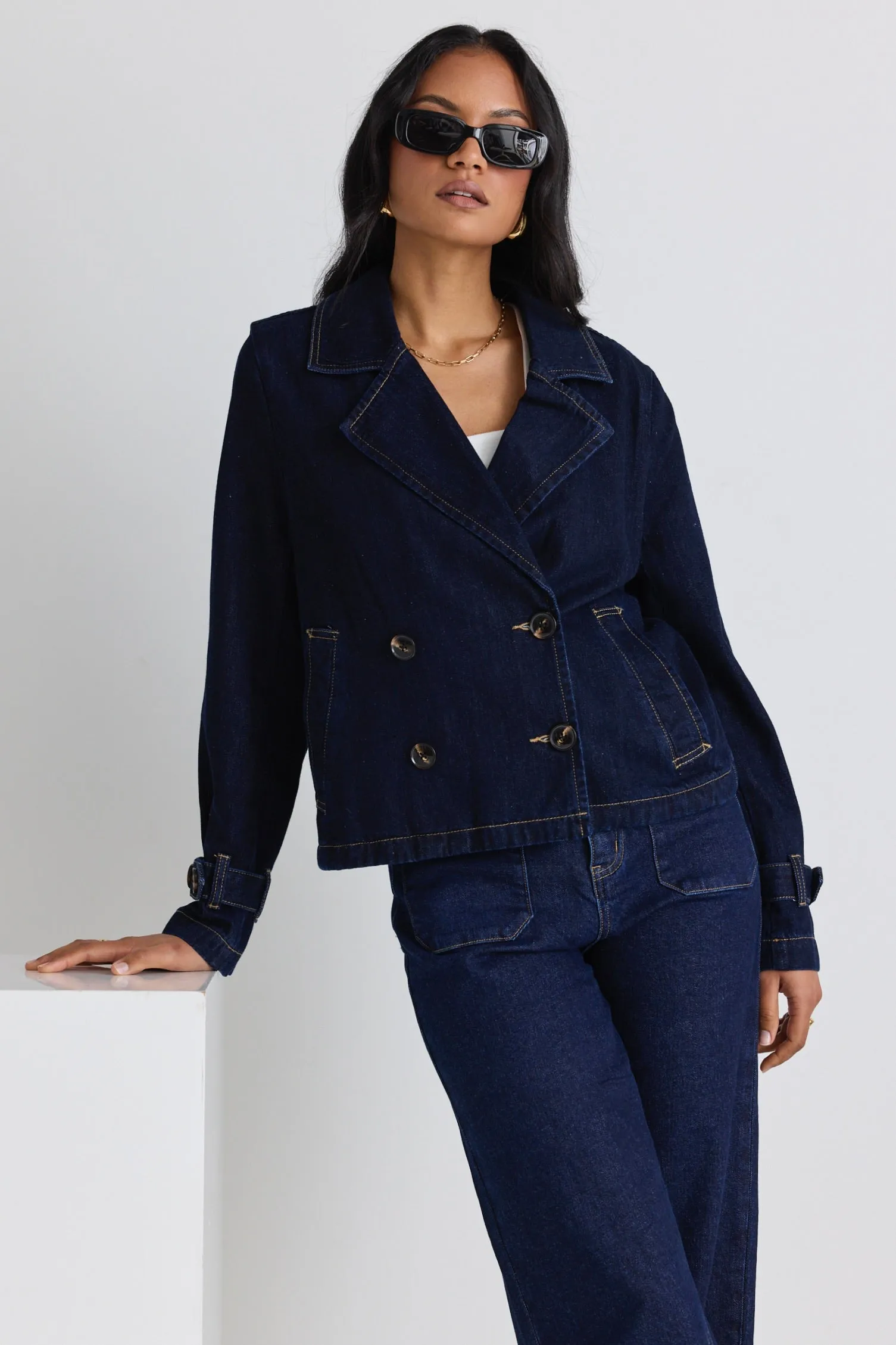 Western Indigo Cropped Denim Trench Coat