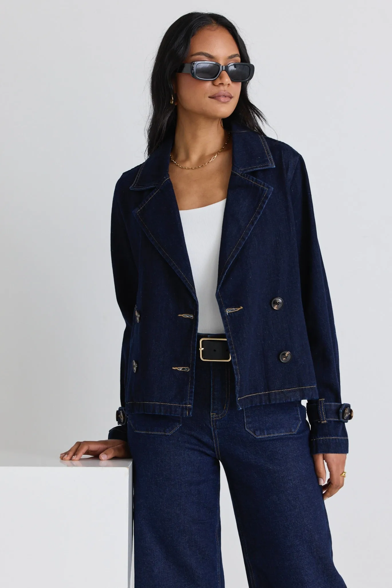 Western Indigo Cropped Denim Trench Coat