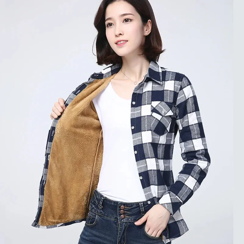 Winter Plus Thick Women's Warm Plaid Shirt Coat Velvet Jacket