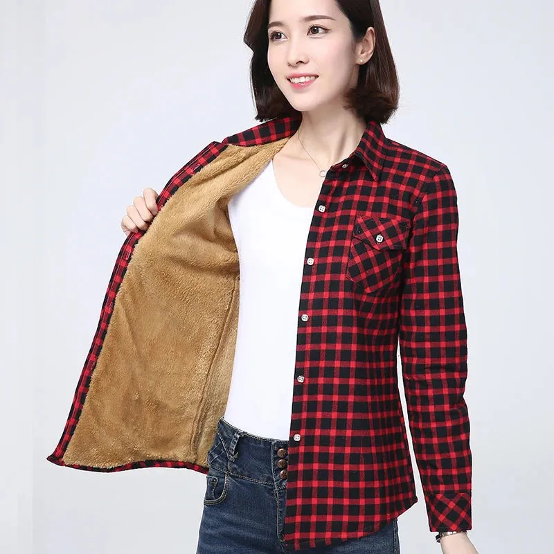 Winter Plus Thick Women's Warm Plaid Shirt Coat Velvet Jacket