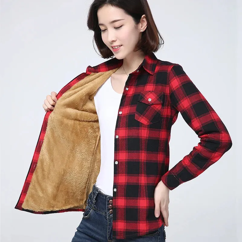 Winter Plus Thick Women's Warm Plaid Shirt Coat Velvet Jacket