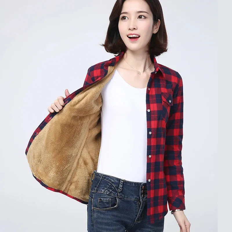 Winter Plus Thick Women's Warm Plaid Shirt Coat Velvet Jacket