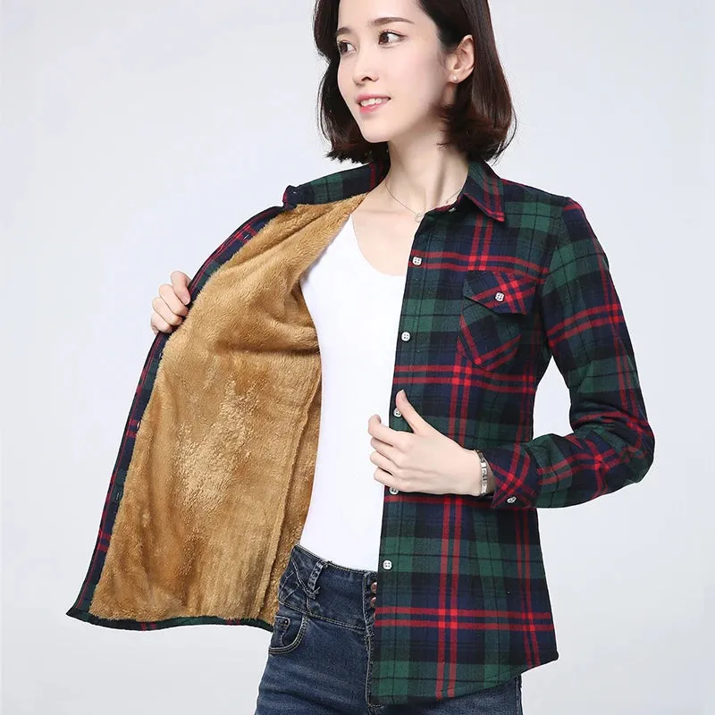 Winter Plus Thick Women's Warm Plaid Shirt Coat Velvet Jacket