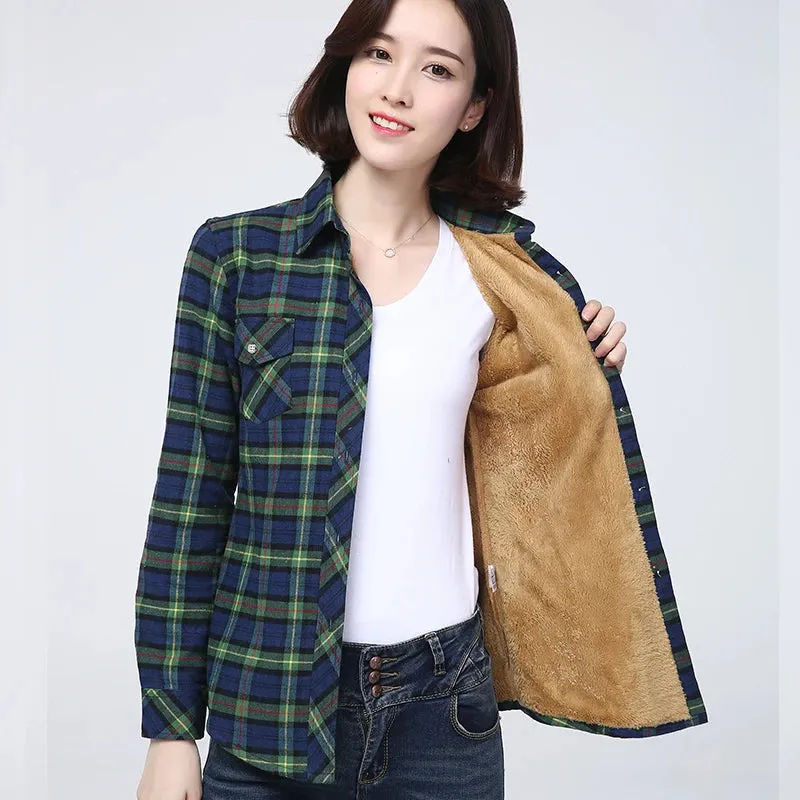 Winter Plus Thick Women's Warm Plaid Shirt Coat Velvet Jacket