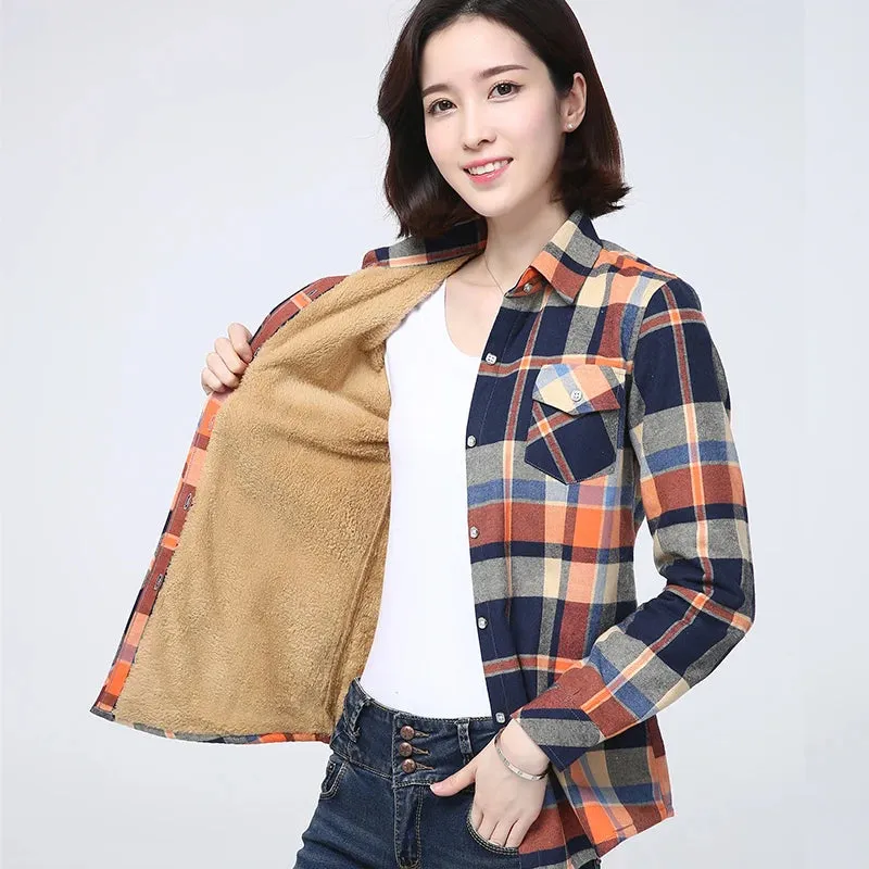 Winter Plus Thick Women's Warm Plaid Shirt Coat Velvet Jacket