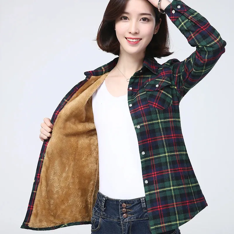 Winter Plus Thick Women's Warm Plaid Shirt Coat Velvet Jacket