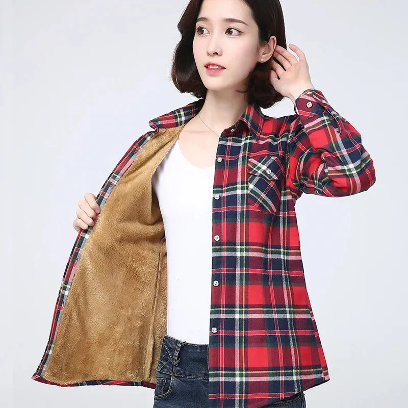 Winter Plus Thick Women's Warm Plaid Shirt Coat Velvet Jacket