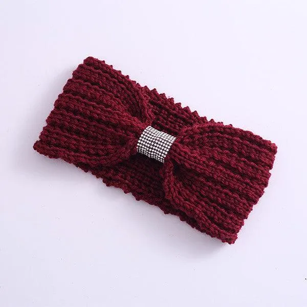 Winter Rhinestone Bow Knitted Head Band