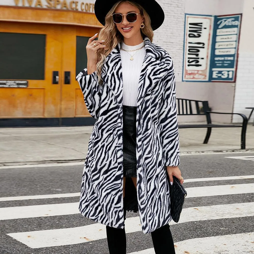 Women's Faux Fur Zebra Print Coat