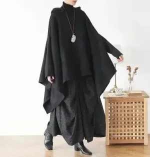 Women's Hooded Cape Asymmetric Long Cape Coat