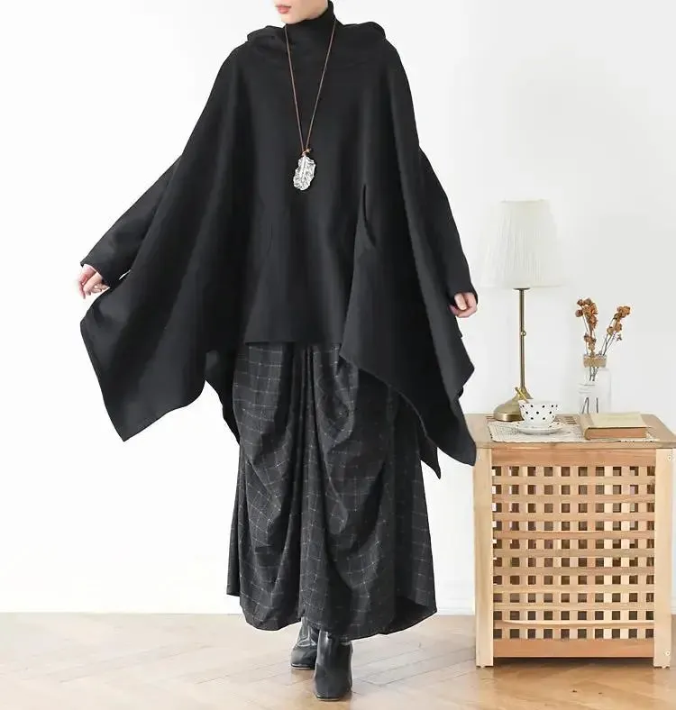 Women's Hooded Cape Asymmetric Long Cape Coat