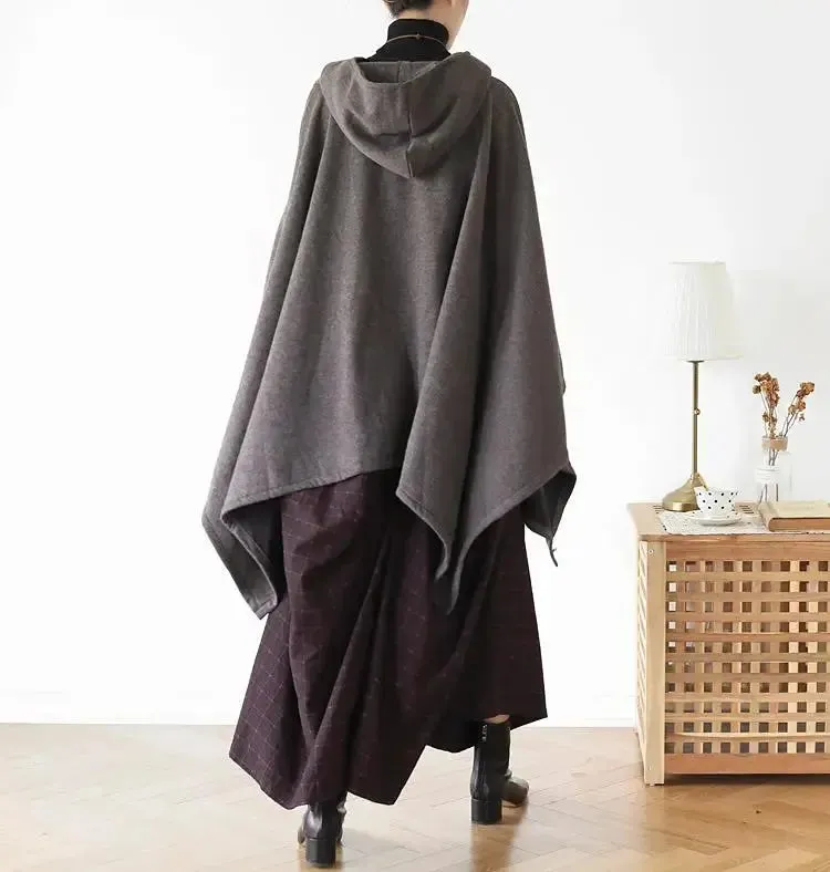 Women's Hooded Cape Asymmetric Long Cape Coat